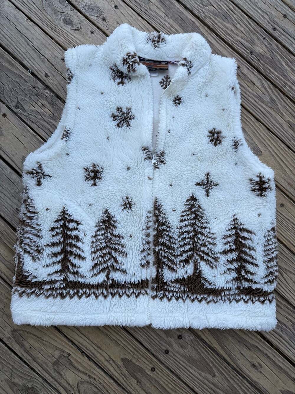 Vintage Cobblestone Canyon Fleece Vest Winter Trees and Snowflakes Full Zip